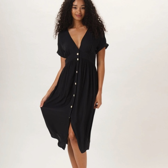 The Normal Brand Dresses & Skirts - The Normal Brand Deep V Button Thru Midi Dress Black Size Small NWT